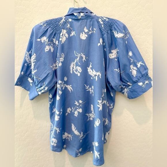 ANN TAYLOR | Blue & White Cottagecore Floral Neck Tie Puff Sleeve Blouse | XS - Picture 4 of 6